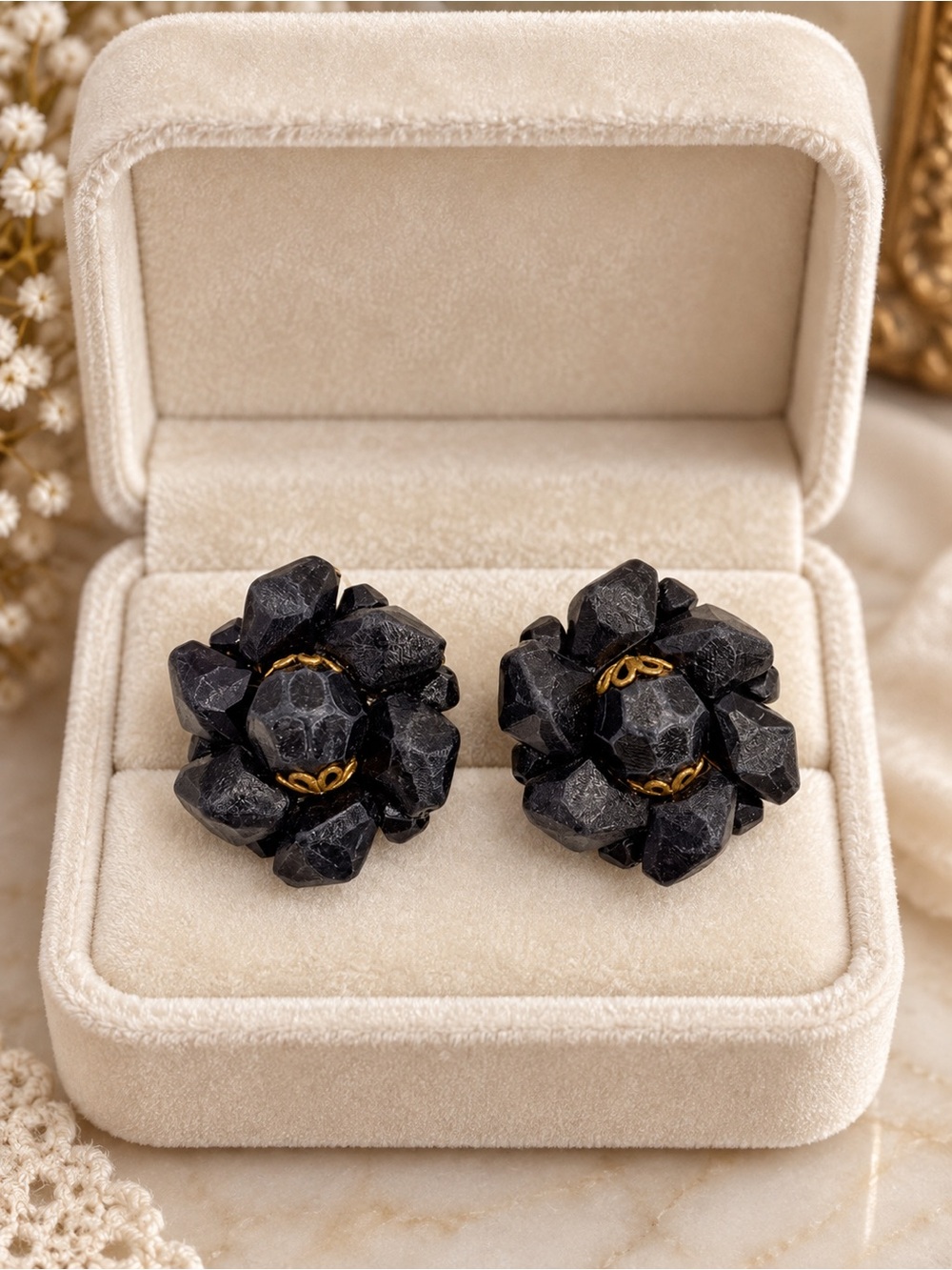 West Germany Black Beaded Flower Clip On Earrings Good Tone Accents Vintage